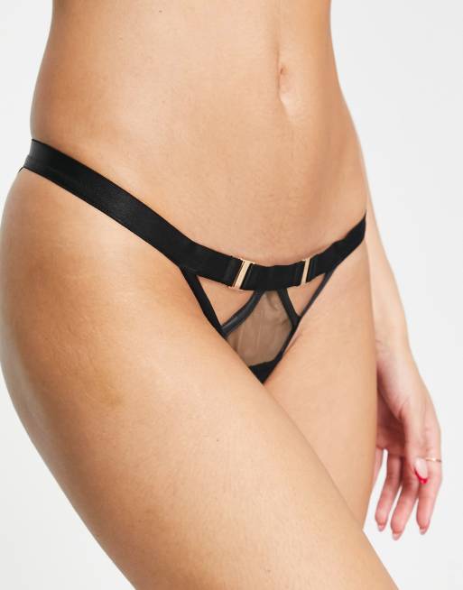Bluebella Malina mesh tanga side brief with zip back detail in black, 3 of 4