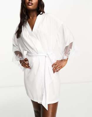 Bluebella Bluebella Marseille bridal luxury satin kimono with sheer embroidered sleeve detailing in white