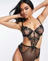 Hunkemoller Dymond lurex lace and crystal detail thong bodysuit in black