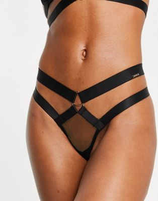 Bluebella Miriam sheer mesh thong with hardware and strapping detail in black