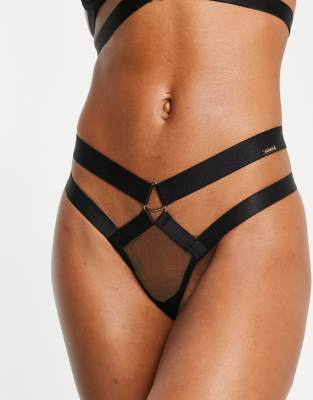 Bluebella Miriam sheer mesh thong with hardware and strapping detail in black