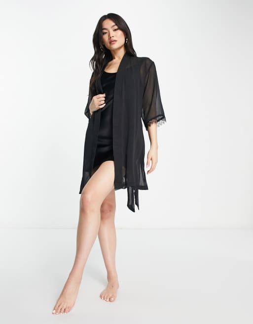 Black Kimono Robe, Black Lace Robe, Robe With Lace, Kimono Robe