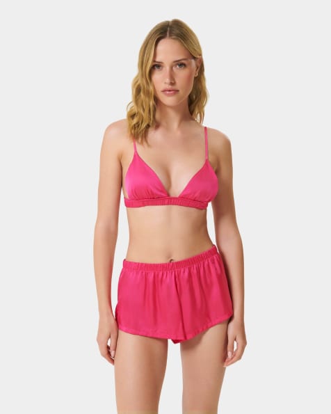 Bluebella Saskia luxury satin soft bra and short set in bright pink - view 1