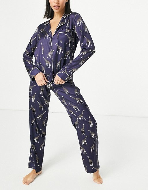 Bluebella satin giraffe printed revere pyjama set in navy