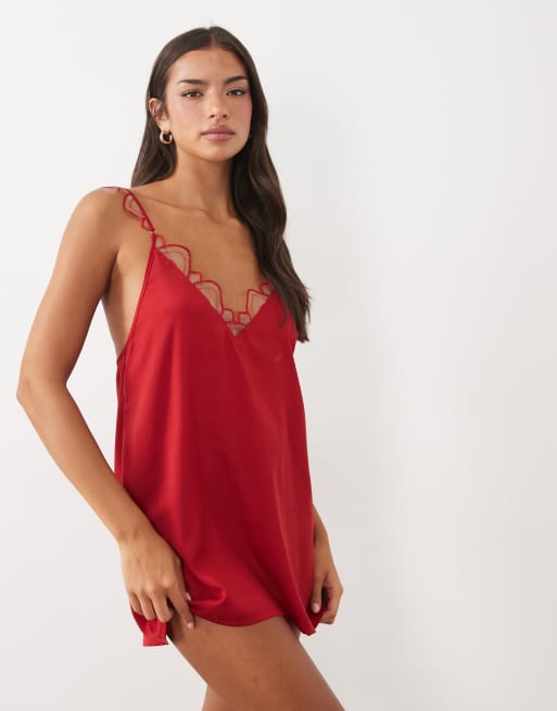 Bluebella Soraya satin slip with mesh detail in red, 2 of 4
