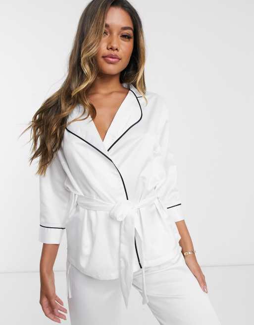 Bluebella Wren satin kimono and pants pyjama set in ivory