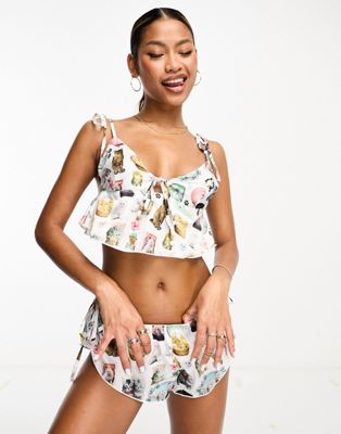 Bluebella X Ashley Wiliams cat print crop cami and short set in white - ASOS Price Checker