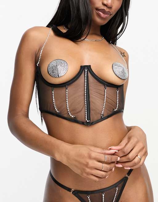 Bluebella Zenn open cup sheer corset style bra with diamante detail in  black