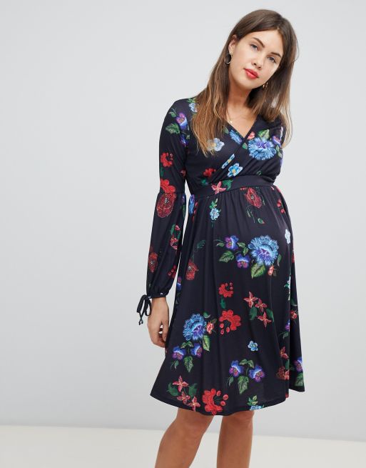 Bluebelle Maternity midi dress with bell sleeve in folk print | ASOS