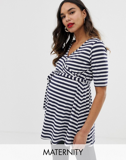Bluebelle Maternity nursing wrap front stripe jersey top in navy and white