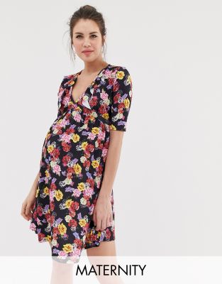 Bluebelle Maternity Wrap Over Skater Dress In Floral Printmulti ModeSens