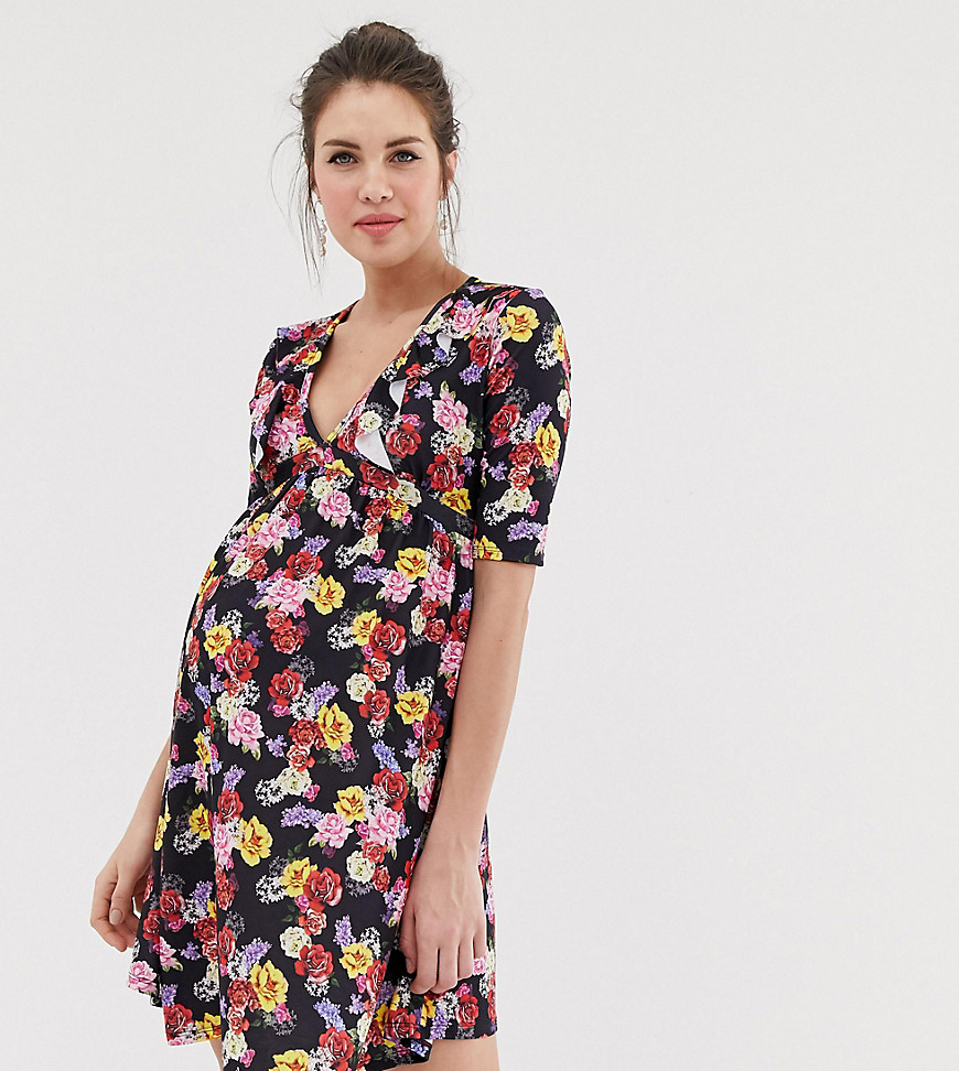 Bluebelle Maternity wrap over skater dress in floral print-Multi