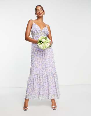 Blume Bridal - Camisole-Maxikleid aus Satin in Flieder mit weitem Rock und Blumenmuster-Bunt