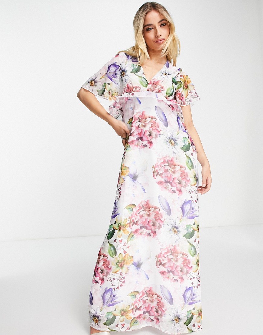chiffon maxi dress with frill detail in floral print-Multi