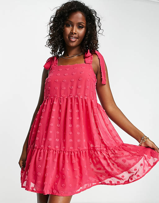 Blume Bridal jacquard spot tiered mini dress with shoulder bows in bright pink 