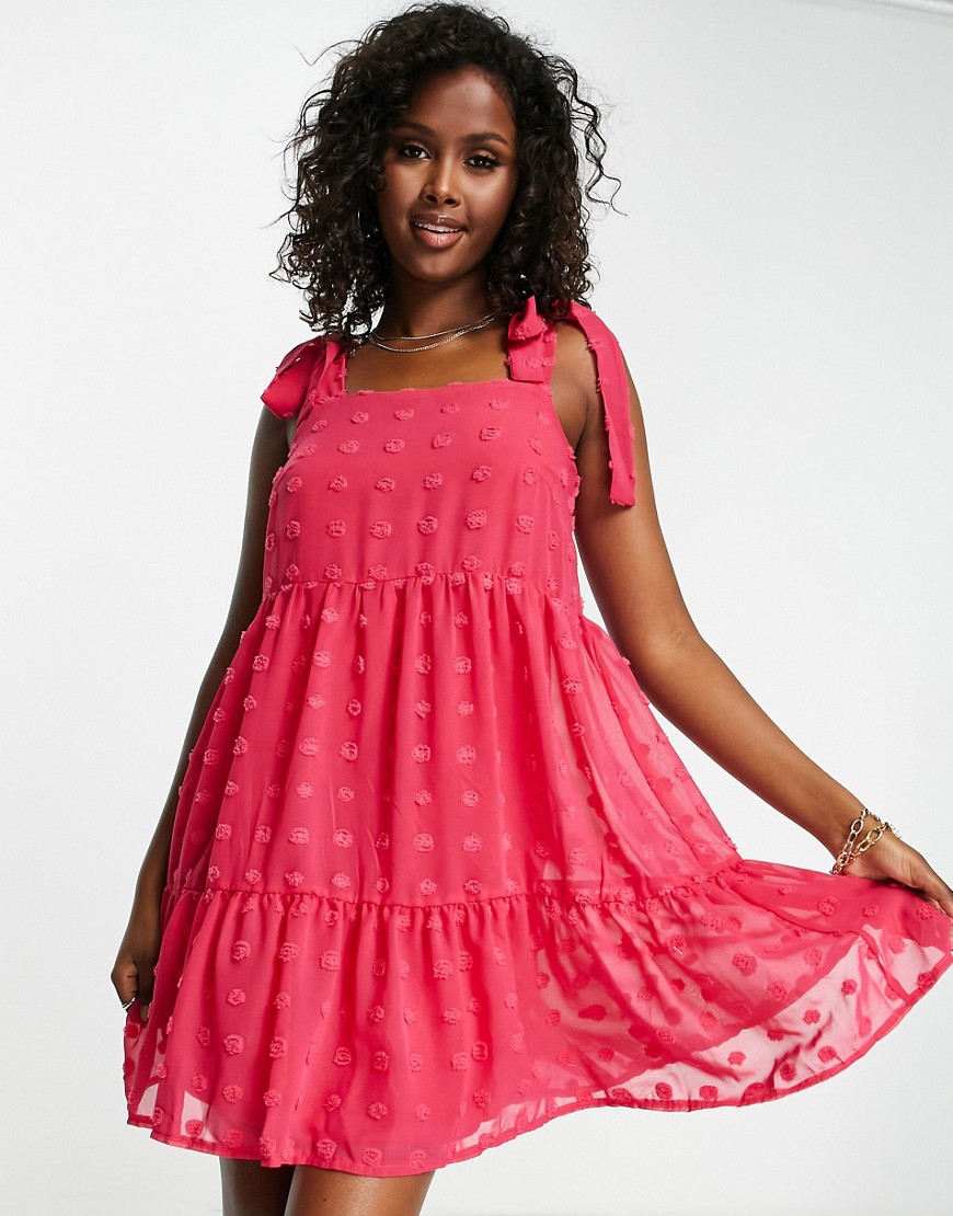 Blume Bridal jacquard swiss dot tiered mini dress with shoulder bows in bright pink