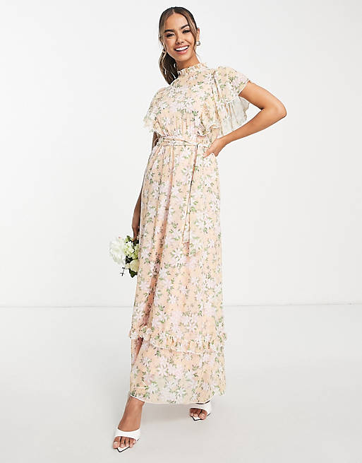 Blume Bridal maxi dress with frill detail in chiffon floral in pink