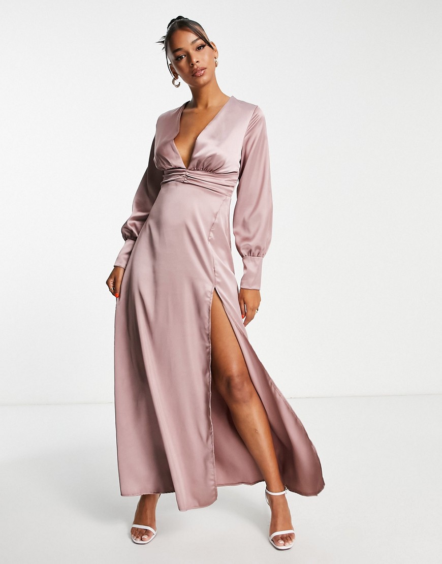 satin plunge front maxi dress with wrap skirt in pink
