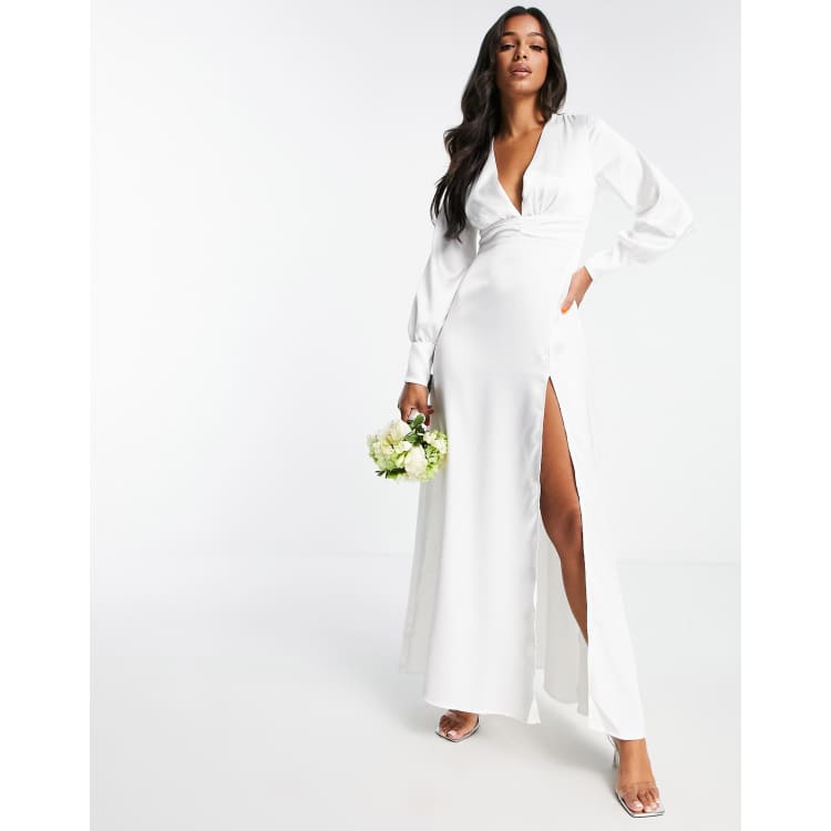 Asos edition pleated plunge wrap wedding dress in hot sale satin