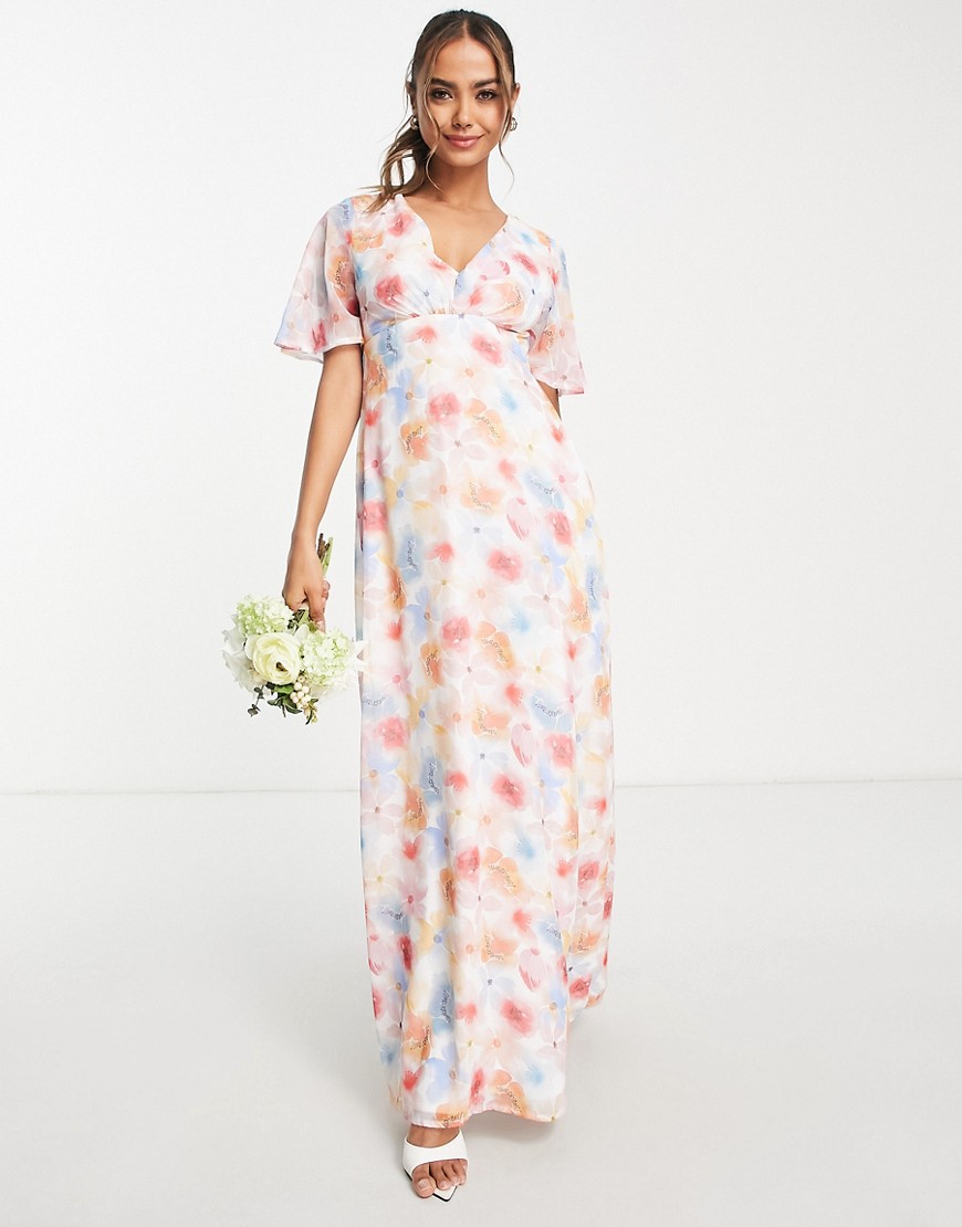 wrap front chiffon maxi dress with flutter sleeves in multi floral