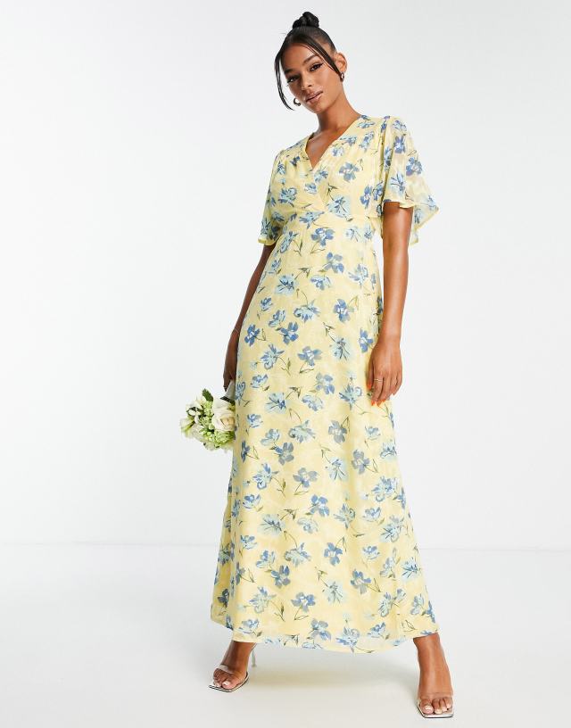 Blume Bridal wrap front maxi with full skirt in lemon floral