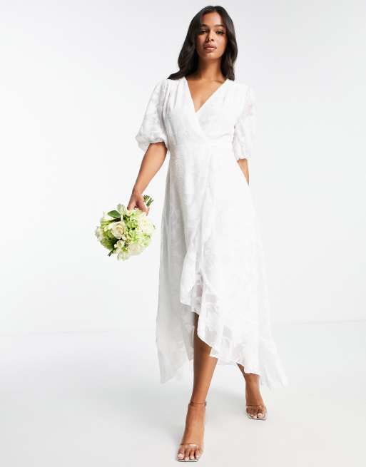 Blume Bridal wrap jacquard midi dress with puff sleeve and frill detail in white