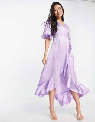 Blume Bridal Blume Bridal wrap jaquard midi dress with puff sleeve and frill detail in lilac floral-Multi