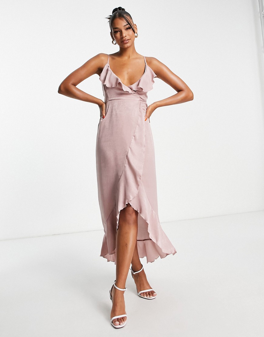 wrap satin midi dress with frill detail in pink