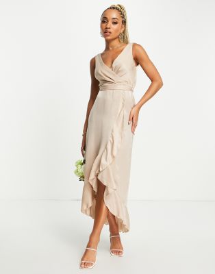 Blume Bridal Wrap Satin Midi Dress With Frill Skirt Detail In Mink-brown