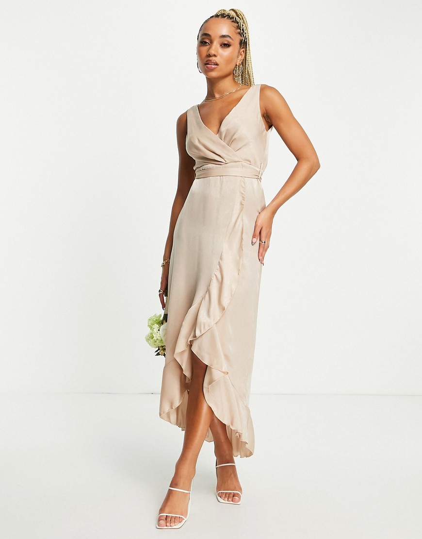 wrap satin midi dress with frill skirt detail in mink-Brown
