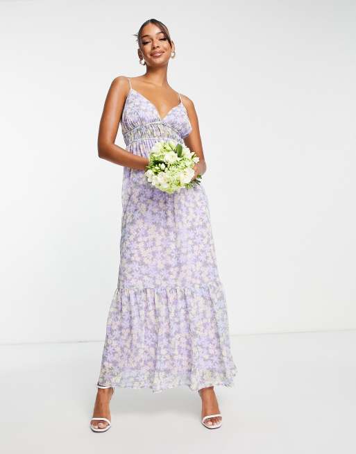 Blume - Bridalsatin - Maxi jurk met camibandjes, rok en bloemenprint in lila