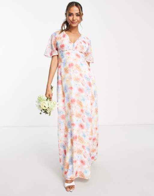 Blume - Bruidskleding - Maxi-jurk van chiffon met overslag en fladdermouwen in multi bloemenprint 