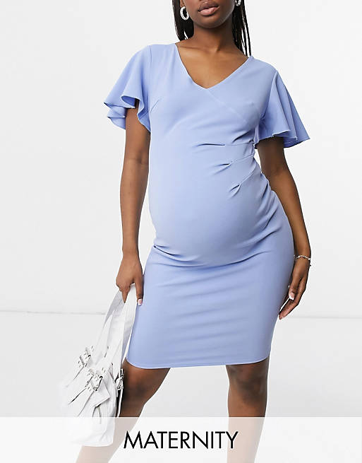 Blume Maternity babyshower flutter sleeve bodycon midi dress in sky blue