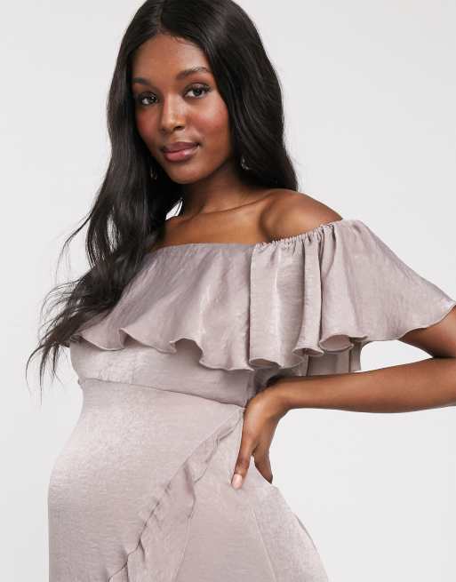 Blume Maternity bardot midi dress in beige ASOS