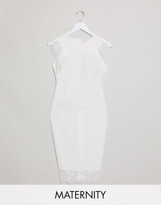 Blume Maternity bodycon lace detail midi dress in white