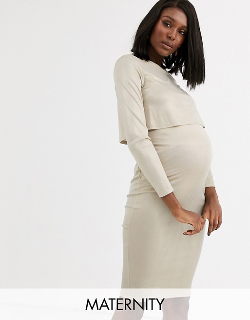 Blume Maternity exclusive 2 in 1 stretch midi dress in cream gold metallic