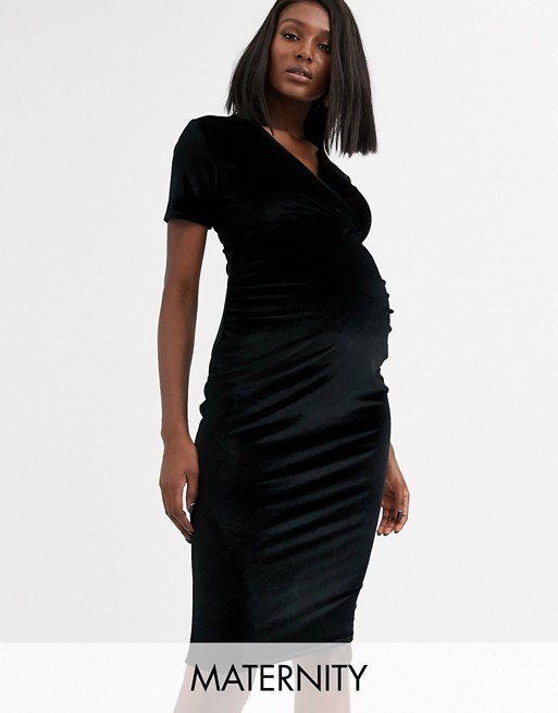 Blume Maternity exclusive velvet wrap front stretch midi dress in black