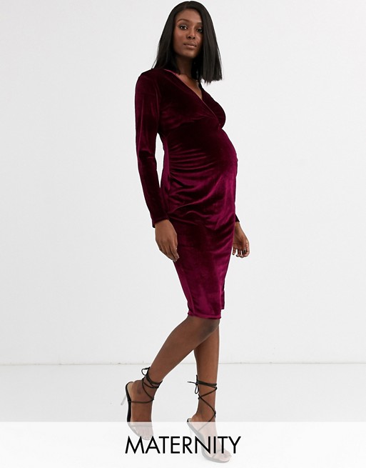 Blume Maternity exclusive velvet wrap front stretch midi dress in wine