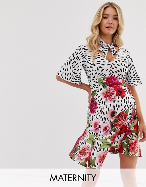 Blume Maternity fluted sleeve midi dress in multi floral