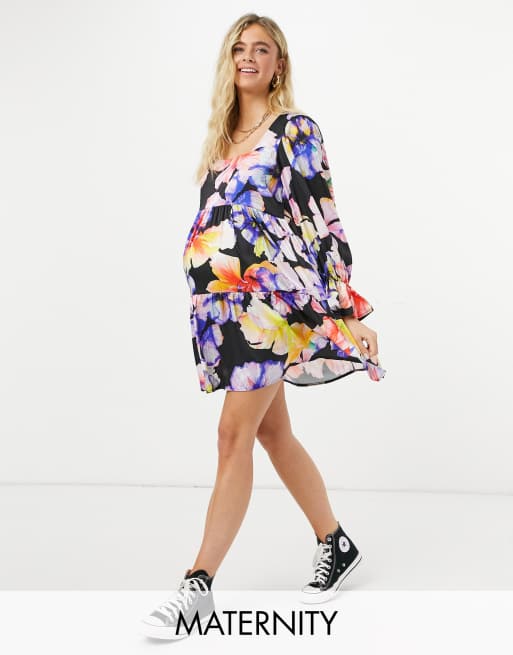 Blume Maternity – Studio – Svart blommönstrad midiklänning med knut framtill