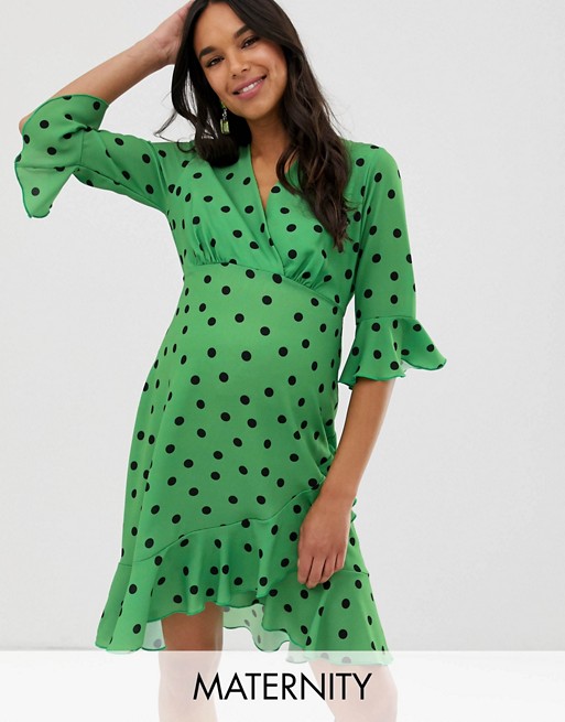 Blume Maternity wrap front midi tea dress in green polka dot