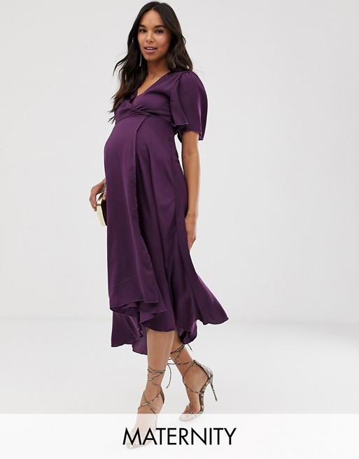 Blume Maternity wrap front satin midaxi dress in purple