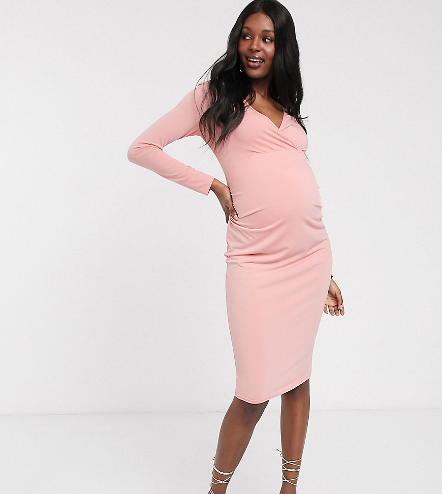 Blume Maternity wrap long sleeve bodycon dress in blush-Pink