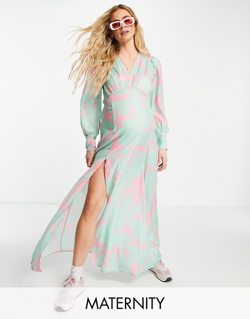 Blume Studio Maternity long sleeve satin maxi dress in mint and pink