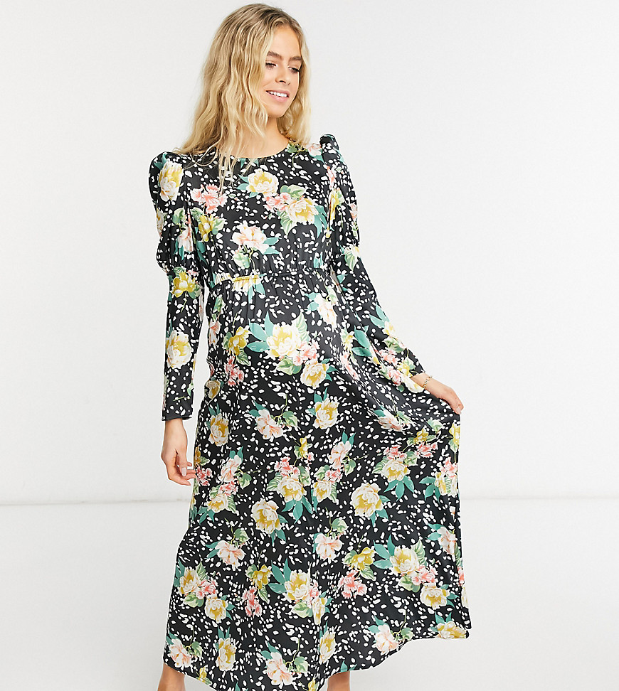 Blume Studio Maternity - Satijnen midi-jurk in marineblauw met bloemenprint-Meerkleurig