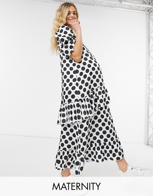 Blume Studio Maternity short sleeve satin smock maxi dress in white polka