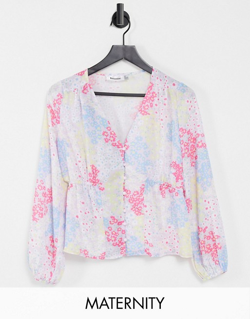 Blume Studio Maternity wrap front satin blouse in multi floral