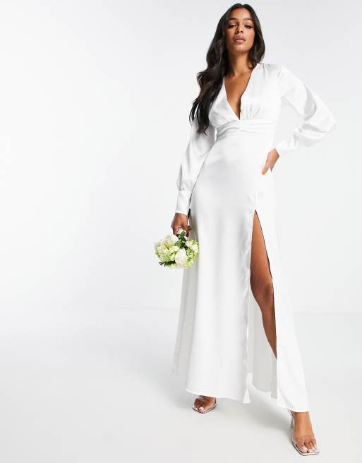 Blume - Vestito lungo da sposa con scollo profondo e gonna avvolgente in raso bianco