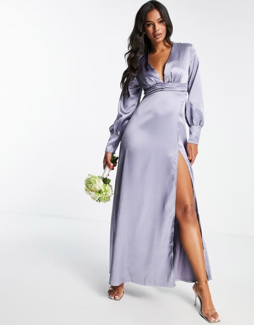 Blume - Vestito lungo da sposa con scollo profondo sul davanti e gonna avvolgente in raso grigio blu