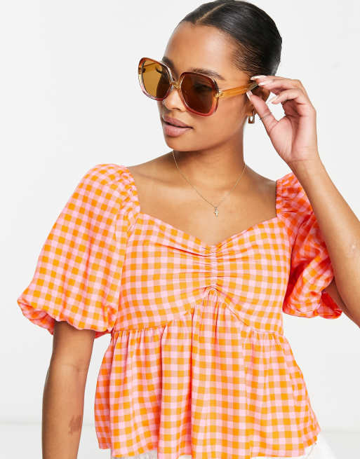 Blusa a cuadros rosas con mangas abullonadas de New Look Petite, 3 de 4